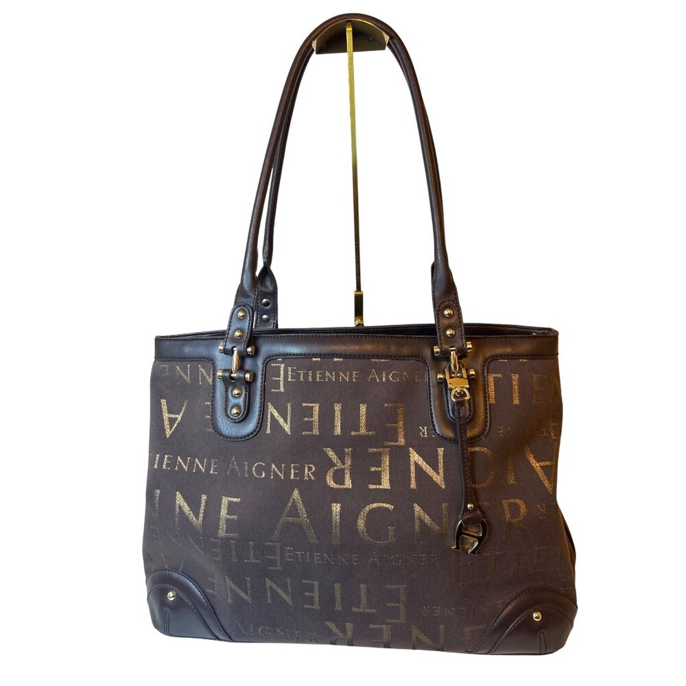 Etienne Aigner Signature Canvas Leather Edge Tote Shoulder Bag Chocolate Brown